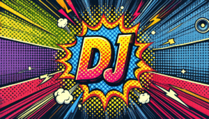 Amidst the pages of this daring comic universe, an explosion erupts with dramatic flair! DJ bursts forth in bold, electrifying letters that seem to leap off the page. Encircled by a symphony of dynamic lines, shooting stars, and fluffy clouds in vibrant pop art hues, it creates a mesmerizing backdrop. This scene perfectly encapsulates the pulsating energy and dazzling visual spectacle of a Michigan wedding DJs event lighting setup, poised to transform ordinary celebrations into legendary fiestas!. :The Event Heroes at Black Tie Productions