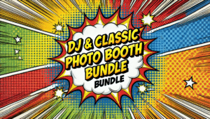 [Comic-style graphic bursts onto the scene with dazzling colors in vibrant red, blue, yellow, and green!] DJ & CLASSIC PHOTO BOOTH BUNDLE! *Brought to you by the Heroes at Black Tie Productions!* Perfect for your Michigan wedding — Experience SUPERPOWERED sound with our top-notch DJ and event lighting services! [The text is boldly framed inside a dynamic cloud shape against the colorful burst background — a true spectacle of celebration!]. :The Event Heroes at Black Tie Productions