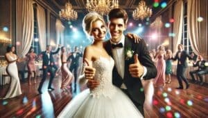 As the radiant Bride and the dashing Groom strike a heroic pose with thumbs raised high on the vibrant dance floor, they are encircled by a league of elegantly attired guests. Majestic chandeliers overhead unleash beams of colorful brilliance, crafting an aura of celebration and splendor. Preserve this epic moment for eternity with Event Heroes legendary photo booth rental—because superheroes deserve memories that last forever!. :The Event Heroes at Black Tie Productions