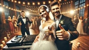 Amidst a sea of joyful onlookers at a stunning wedding venue, our dynamic duo—the bride and groom—strike an epic pose next to their DJ console. The bride, sporting superhero-like headphones that channel the tunes of celebration, joins her partner as they flash thumbs up to the crowd. Above them, strings of shimmering lights create a celestial canopy, enhancing this momentous occasion orchestrated by none other than Event Heroes, the ultimate masters of memorable moments. :The Event Heroes at Black Tie Productions