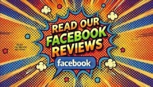 In a dynamic comic-panel explosion, CHECK OUT OUR FACEBOOK REVIEWS! bursts across the center in bold, superhero-style lettering. Below the text, the iconic Facebook logo stands proudly, like a beacon of truth and justice. This vibrant graphic is perfect for spotlighting heroic services like Black Tie Productions event lighting or their photo booth rental options!. :The Event Heroes at Black Tie Productions