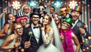 Amidst the vibrant glow of party lights, a superheroic scene unfolds: The Bride and Groom, donned in their formal hero attire, stand at the heart of an ecstatic gathering. Around them, friends and family—each sporting whimsical hats and glasses as their secret identities—strike triumphant poses for an epic group photo. With Black Tie Productions wielding their lens like a mystical artifact, they capture this legendary moment in time. Truly, its an unforgettable Michigan wedding celebration that will echo through the ages!. :The Event Heroes at Black Tie Productions