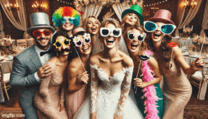 In the vibrant world of matrimony, where love reigns supreme, the bride and her entourage assemble, decked out in their dazzling disguise: bold, oversized novelty glasses and flamboyant hats. They gather to immortalize this day of joy and unity in a snapshot crafted by none other than Black Tie Productions! Armed with their legendary photo booth services, they capture these cherished emotions with unmatched style and superhero flair. Here, every moment is sealed as a timeless memory—one click at a time!. :The Event Heroes at Black Tie Productions