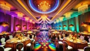 In the grand hall of celebration, Event Heroes cast their radiant beams of light, transforming the space into a dazzling arena fit for legends. Beneath gleaming chandeliers and amidst tables crowned with floral masterpieces, the scene is set for epic gatherings. Overhead, flowing fabrics weave a tapestry of elegance and wonder, crafting an awe-inspiring stage for unforgettable moments in time. :The Event Heroes at Black Tie Productions