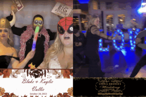 In the dazzling universe of Black Tie Productions, two formidable heroines and a valiant hero strike dynamic poses in the photobooth of destiny, their prop allies at the ready. Meanwhile, on the vibrant dance floor, another heroine is caught in mid-flight, her movements a blur of graceful energy. Around them all, enchanting wedding decorations serve as their regal backdrop, while an overlay of date text casts a spell of timeless charm across this extraordinary moment. :The Event Heroes at Black Tie Productions