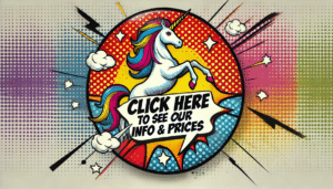 Amidst a swirl of cosmic clouds and sparkling stars, behold the majestic Unicorn, its multicolored mane flowing with radiant brilliance! Standing valiantly in a world of vibrant halftone dots, it calls out to Earth’s mightiest party planners. A bold text bubble rises from this enchanted guardian: “Uncover our secrets & prices!” Witness as the Event Heroes unleash their power-packed lighting to electrify your event and dazzle all in attendance with unparalleled magic!. :The Event Heroes at Black Tie Productions