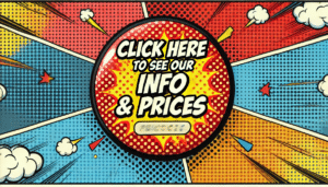 In a dynamic, pop-art explosion straight out of a superhero comic book, bold letters command your attention: CLICK HERE TO UNVEIL OUR INFO & PRICES! This striking design bursts with vibrant dotted rays and clouds, perfect for spotlighting the extraordinary event lighting by Black Tie Productions at your unforgettable Michigan wedding. Become the hero of your own epic celebration!. :The Event Heroes at Black Tie Productions