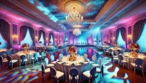 Unleash the power of elegance with Event Heroes majestic ballroom! Here, amidst a constellation of round tables primed for an epic gathering, sophistication reigns supreme. Swathed in the bold hues of pink and blue, this grand chamber dazzles with shimmering chandeliers and intricate ceiling designs. Ready to transform any event into a legendary occasion!. :The Event Heroes at Black Tie Productions