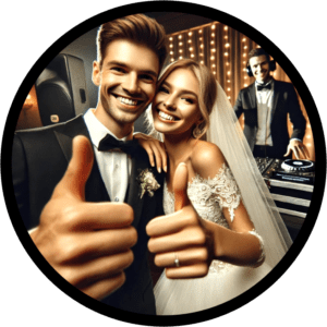 In a world of swirling romance and electrifying beats, the dynamic duo of love—Bride and Groom—radiate joy in their resplendent formal armor, each giving a powerful thumbs up that signals triumph over all odds. Behind them, master of rhythms DJ Sonic stands ready at his command console, where turntables hum with anticipation. Their epic celebration unfolds beneath an enchanting canopy of twinkling star-like string lights, illuminating the night as their league of guests rejoices in this legendary union. :The Event Heroes at Black Tie Productions