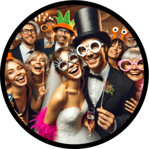 In the vibrant realm of celebration, the heroic bride and groom don their whimsical eyewear, standing valiantly with beaming compatriots at the grand wedding fête. Around them swirls an electrifying aura of joy as revelers cloak themselves in novelty glasses and hats, transforming the gathering into a jubilant league of merriment defenders. Together, they forge an unbreakable alliance of festivity!. :The Event Heroes at Black Tie Productions