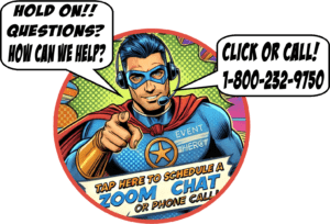 Panel 1: *Heroic Pose*: The superhero stands tall with a dramatic swoosh of their cape, headset gleaming, pointing decisively toward the reader. Speech Bubble 1: Fear not, citizen! Need answers? Panel 2: *Dynamic Gesture*: The superhero gestures invitingly with one hand while the other points confidently to a phone. Speech Bubble 2: Click or call for assistance! Dial now - 1-800-232-9750!. :The Event Heroes at Black Tie Productions