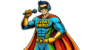 A burst of color blazes through the skies as Event Hero, the charismatic champion of creativity, swoops onto the scene! Adorned in a vibrant costume adorned with dazzling event insignias, this superhero is always ready to amplify excitement. Equipped with a trusty microphone clutched in one hand and sleek headphones perched atop his head, Event Hero exudes confidence. A radiant smile stretches across his face as he prepares to transform any occasion into an unforgettable spectacle. With a voice as powerful as a sonic boom and energy that electrifies the crowd, Event Hero is here to conquer conventions and dazzle gatherings across the cityscape!. :The Event Heroes at Black Tie Productions