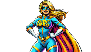 In the heart of the city, under a sky streaked with the fiery hues of sunset, she stood like a beacon of hope. Clad in a striking blue costume emblazoned with the insignia that read Event Hero across her chest, she exuded an aura of undeniable strength and grace. Her long blonde hair flowed like a golden waterfall, caught in the gentle caress of the evening breeze. A dynamic red and yellow cape billowed behind her like flames dancing in defiance against darkness. With hands firmly planted on her hips, she radiated confidence and readiness, an unwavering guardian poised to face any challenge that dared to arise. Event Hero was here—and where she stood, justice was destined to prevail. :The Event Heroes at Black Tie Productions