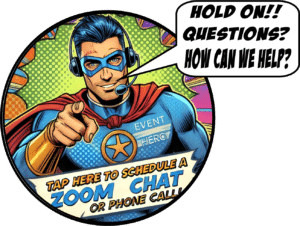 In a dynamic comic panel, our tech-savvy superhero stands confidently with their headset gleaming under the spotlight. With a determined expression, they point forward, ready to leap into action! A vibrant speech bubble bursts onto the scene: Got questions or need help? Below this heroic declaration, bold letters invite you to take the next step: Schedule your Zoom chat or phone call today and let’s tackle those challenges together!. :The Event Heroes at Black Tie Productions