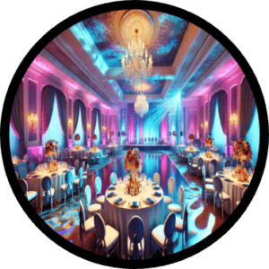 In the grandiose banquet hall, a realm of jaw-dropping splendor unfolds! Round tables stand like strategic command centers, adorned with floral centerpieces that flourish like nature’s crown jewels. Blue chairs guard each station with unwavering loyalty, their elegance echoed in the drapery that cascades from above like majestic capes. Overhead, chandeliers shine with dazzling brilliance, illuminating the room as if forged by stars themselves. All around, colorful stage lighting dances and pulsates with vibrant energy—an inspiring amphitheater ready for heroes to gather and strategize their next daring adventure!. :The Event Heroes at Black Tie Productions