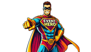 In the midst of a shadowy void, there emerges a figure clad in vibrant blue and crimson armor, emblazoned with the emblem Event Hero across his chest. With a commanding stance, he extends his arm forward, ready to leap into action and orchestrate greatness amidst the darkness. :The Event Heroes at Black Tie Productions