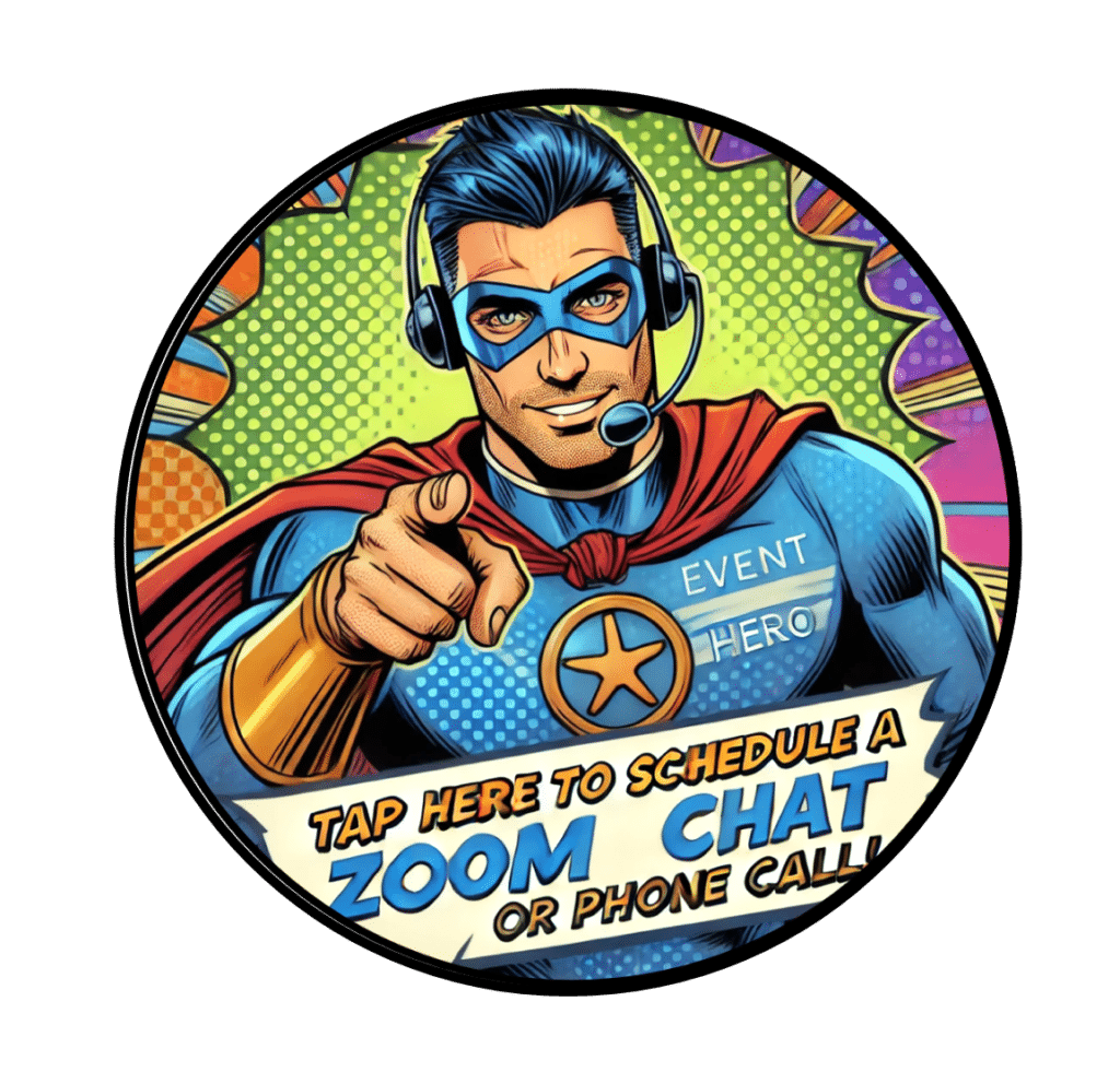 In a vibrant splash of action and color, behold the mighty Event Hero soaring across the panel, donning a dynamic blue and red suit with a state-of-the-art headset glowing with advanced tech. A bold graphic bubble exclaims: Click to unleash... Zoom Calls or Phone Chats! 🌟. :The Event Heroes at Black Tie Productions
