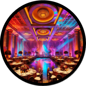 Behold the majestic Hall of Elegance, where opulence reigns supreme! The polished floor gleams like a heros shield, reflecting dazzling lights of every hue that dance across the ballroom like a rainbow in motion. Round tables are assembled with military precision, each adorned with floral centerpieces akin to natures own victory emblems. Overseeing it all is the grand stage draped in vibrant banners that ripple like capes in the breeze, ready for legends to take their stand. :The Event Heroes at Black Tie Productions