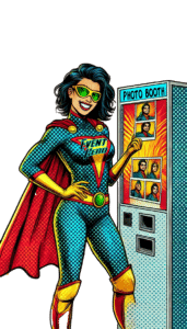 In the vibrant, action-packed panels of the city, Event Hero stands tall—a figure of charisma and confidence in a sleek costume emblazoned with the mighty Event Hero symbol. With a red cape billowing dramatically behind, our hero exudes an air of invincibility. Sunglasses glint under the bright lights as they move with purpose towards their ally in fun—the photo booth! With a swift, decisive motion, Event Hero presses the button that triggers a cascade of joyful chaos. A flash illuminates the scene like lightning across twilight skies. In that electrifying moment, Event Hero isnt just saving days—theyre capturing memories!. :The Event Heroes at Black Tie Productions