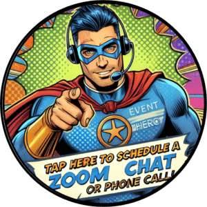[Panel shows a dynamic, action-packed scene with bold lines and vibrant colors. A superhero stands confidently at the forefront, wearing a sleek headset adorned like a high-tech crown. The costume glistens with metallic hues, emblazoned across the chest is Event Hero in bold lettering.] SPEECH BUBBLE: Summon me with a tap for an epic Zoom or phone chat rendezvous! [The superheros determined gaze pierces through the panel as they point heroically towards the reader, inviting them to coordinate their next great mission.]. :The Event Heroes at Black Tie Productions