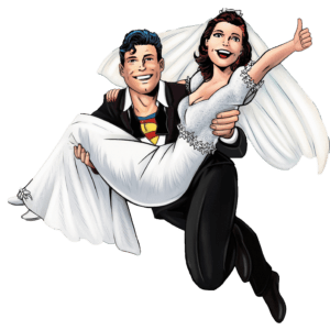 Soaring through the skies with ease, the valiant superhero, donned in a striking costume that glints in the sunlight, effortlessly cradles a jubilant bride dressed in an exquisite wedding gown and delicate veil. Triumphantly beaming, she gives a spirited thumbs-up to celebrate their airborne journey. :The Event Heroes at Black Tie Productions