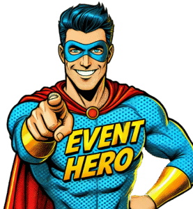 A powerful figure stands confident against the stark black of the night, their costume a striking blend of blue and red. The emblem Event Hero blazes brightly across the chest, a symbol of hope and action. With an arm thrust forward with purpose and a smile that could light up a city block, Event Hero is ready to take on any challenge that comes their way—destined to bring order where there is chaos!. :The Event Heroes at Black Tie Productions
