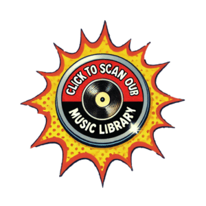 In a dynamic comic-style graphic, a mighty vinyl record spins heroically at the center, boldly proclaiming: Unleash the Power: Scan Our Music Library! Surrounding this call to adventure is an electrifying yellow starburst, radiating energy and excitement. :The Event Heroes at Black Tie Productions