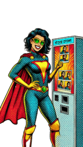 In the bustling heart of the city, where adventure eagerly meets the everyday, stands Captain Snapshot! Draped in a dazzling costume bursting with vivid hues of electric blue and fiery red, this photographic phenom strikes a dynamic pose beside the wondrous Photo Fantastica! With panels showcasing endless snap-tastic memories, our vibrant hero exudes charisma and charm. Each photo captures their legendary moments—an action-packed chronicle preserved in brilliant color. Its not just a booth; its Captain Snapshots remarkable realm of instant adventures!. :The Event Heroes at Black Tie Productions