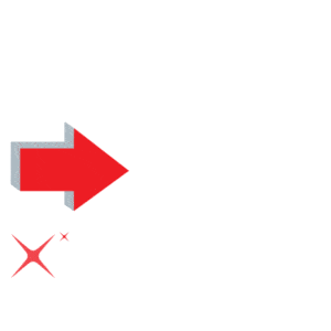 A bold red arrow streaks right like a hero in action, trailed by a tiny and mighty red sparkle, all on a crisp white backdrop. :The Event Heroes at Black Tie Productions