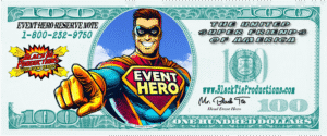 Behold! Event Hero flies across a $100 bill, flanked by the Black Tie Productions emblem and vital contact info for your mission!. :The Event Heroes at Black Tie Productions