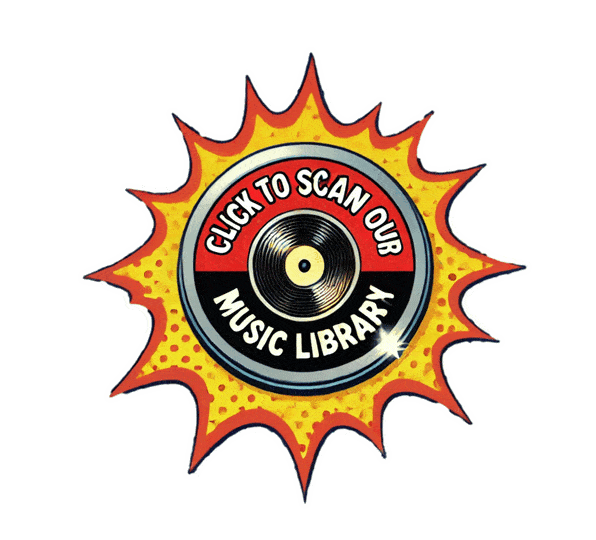 Dynamic illustration of a vinyl record, emblazoned with Click to scan our music library, exploding from a bold yellow pop-art burst!. :The Event Heroes at Black Tie Productions
