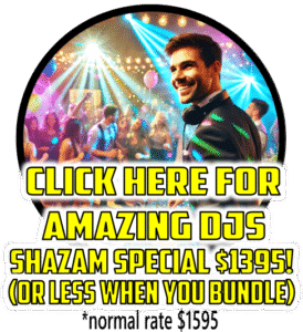 A heroic DJ beams before a lively party crowd. Text: Summon your music hero! Shazam special $1395! Bundle to save more!. :The Event Heroes at Black Tie Productions