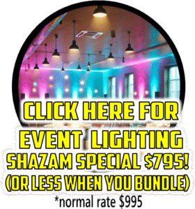 A dazzling event space bursts with heroic colors and epic lighting—grab the $795 Shazam Special! Bundles save you more!. :The Event Heroes at Black Tie Productions