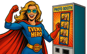 Behold! Event Hero strikes a powerful pose in her bold costume beside a photo booth showcasing her triumphant snapshots. :The Event Heroes at Black Tie Productions