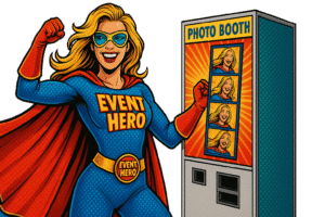 Event Hero, grinning in her blue and red suit, stands by the booth where four action-packed photos capture her heroic expressions. :The Event Heroes at Black Tie Productions