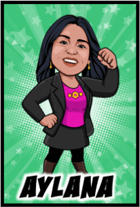 Cartoon of a heroine with flowing dark hair, black blazer, pink shirt, and skirt, flexing powerfully. AYLANA blazes below. :The Event Heroes at Black Tie Productions