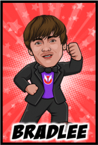 Dynamic cartoon of a suited boy hero flexing his arm, framed by a bold red starburst, with the heroic name BRADLEE below. :The Event Heroes at Black Tie Productions