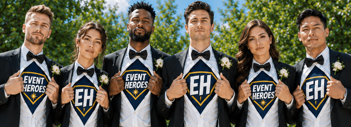 Six people in formal wear open shirts to show “Event Heroes” logos, standing outdoors with green trees in the background.