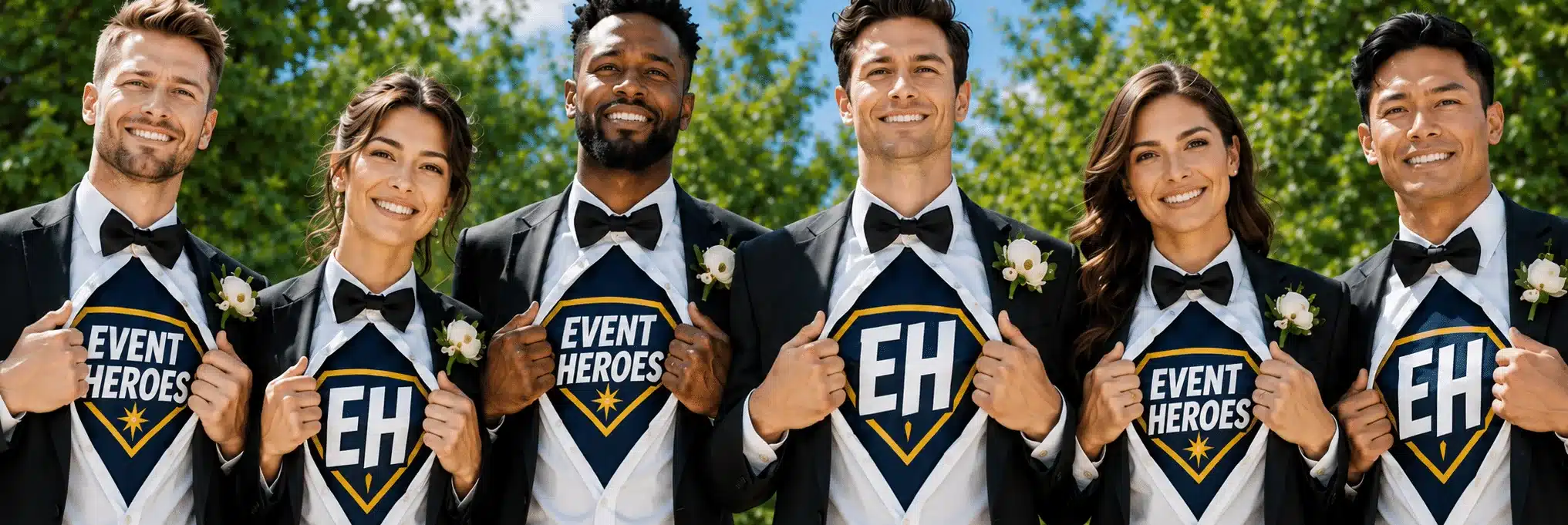 Six people in tuxedos outdoors pull open shirts to reveal “Event Heroes” logos, smiling at the camera.