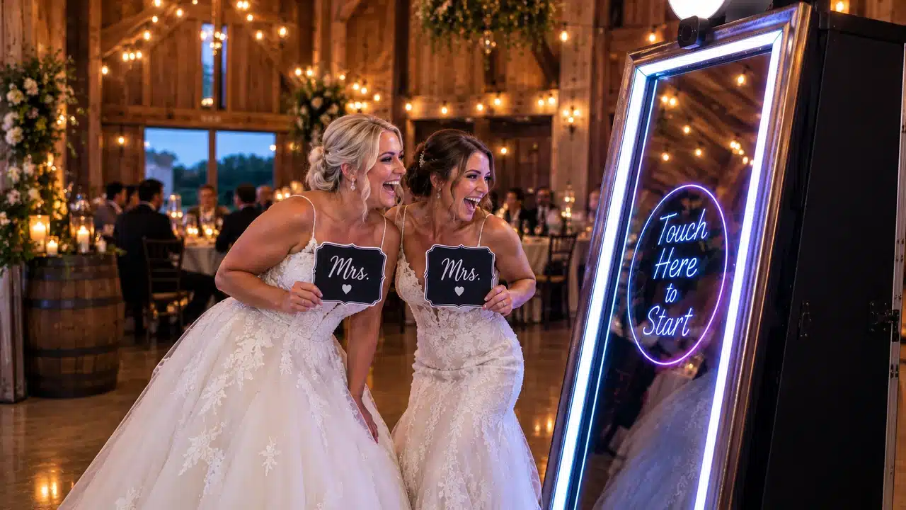 Magic Mirror Photo Booth with two brides