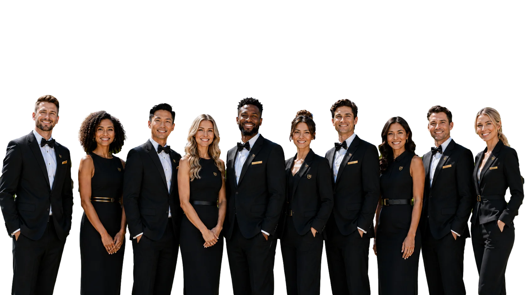 Ten people in matching black suits and dresses stand in a row, smiling against a plain white background.