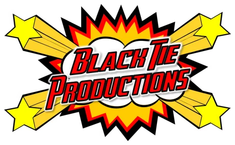Comic-style graphic with "Black Tie Productions" in bold red text over a white burst, yellow stars, and red-and-yellow explosion lines.