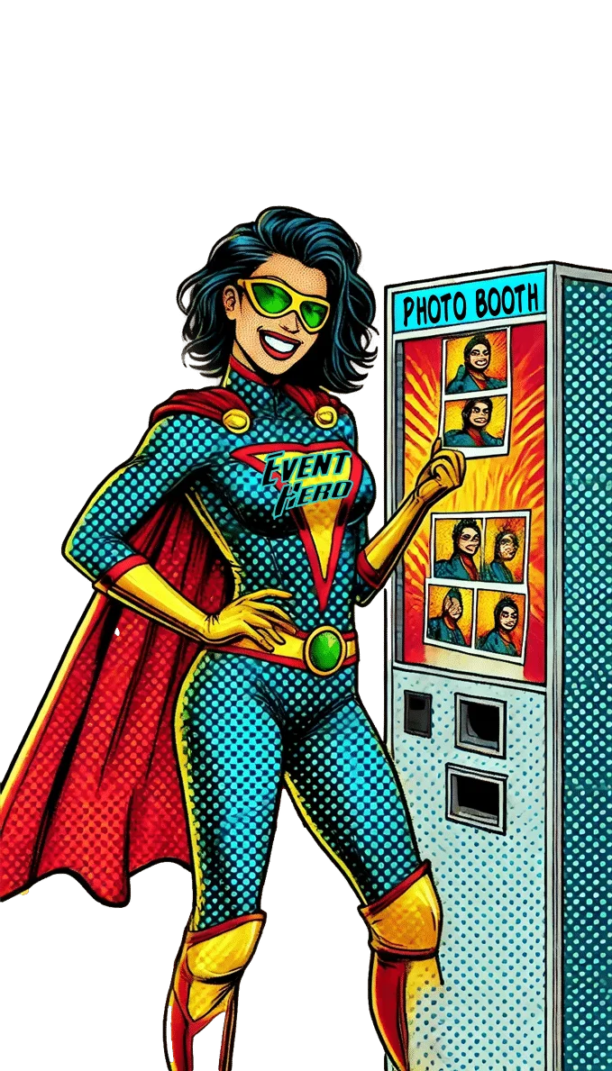 Woman in a superhero costume labeled Event Hero smiles and points at her photo strip next to a photo booth.