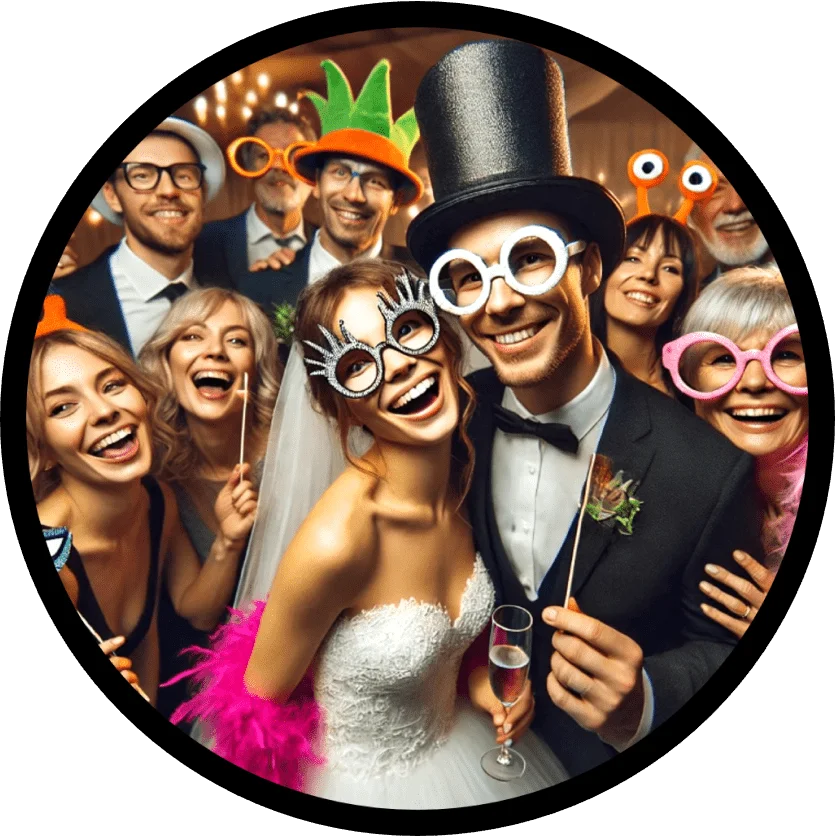 Bride and groom in playful glasses with guests, all wearing colorful costume accessories and party hats in a photo booth.