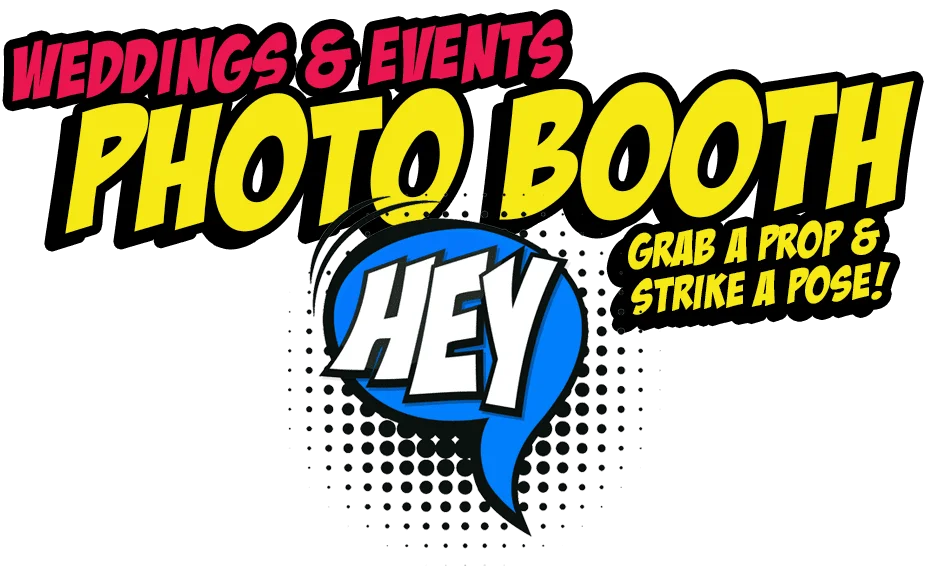 In vibrant yellow and red, the banner exclaims: Weddings & Events Photo Booth! Below, in heroic style: Grab a prop & strike a pose! appears alongside a bold blue speech bubble. Perfect for any Michigan wedding DJ event, this photo booth rental is your ticket to supercharged fun and unforgettable memories. Get an instant price quote today and let the adventure begin!.