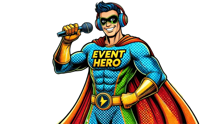 Smiling superhero in a colorful costume, cape, headphones, and microphone, with "Event Hero" on chest.