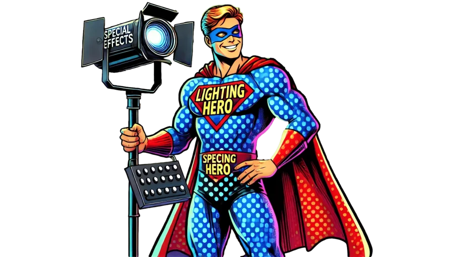 Smiling superhero in blue and red holds a studio light labeled Special Effects, wearing suit labeled Lighting Hero and Specing Hero.